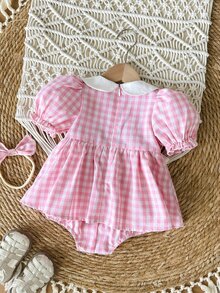 SHEIN 女婴可爱碎花格子蝴蝶结装饰连体衣，夏季 - 粉色 - 查看 5