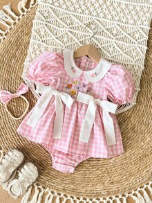 SHEIN 女婴可爱碎花格子蝴蝶结装饰连体衣，夏季 - 粉色 - 查看 9