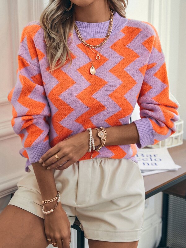 Balvessa Chevron Pattern Drop Shoulder Sweater,Long Sleeve Tops