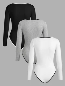 SHEIN 青少年女孩黑白灰拼色三角式連身套裝休閒時尚運動風 - 彩色 - 查看 3