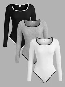 SHEIN 青少年女孩黑白灰拼色三角式連身套裝休閒時尚運動風 - 彩色 - 查看 2
