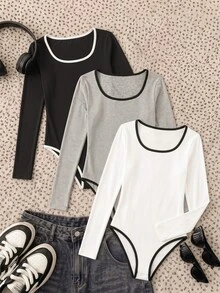 SHEIN 青少年女孩黑白灰拼色三角式連身套裝休閒時尚運動風 - 彩色 - 查看 8