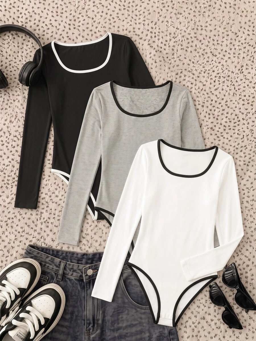 SHEIN طقم مثلث قطعة واحدة بألوان أسود وأبيض ورمادي بتصميم كتل لونية للفتيات المراهقات، كاجوال وعصري ورياضي - متعدد الألوان - مشاهدة 1