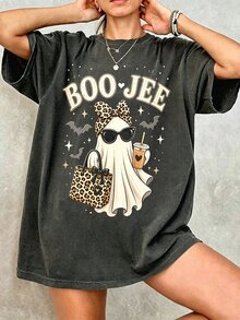 Lalippa 幽靈萬聖節 T-shirt，Boo Jee 復古復古風幽默搞怪幽靈襯衫，秋季幽靈萬聖節派對禮物 - 深灰色 - 查看 3