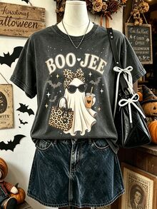 Lalippa 幽靈萬聖節 T-shirt，Boo Jee 復古復古風幽默搞怪幽靈襯衫，秋季幽靈萬聖節派對禮物 - 深灰色 - 查看 1