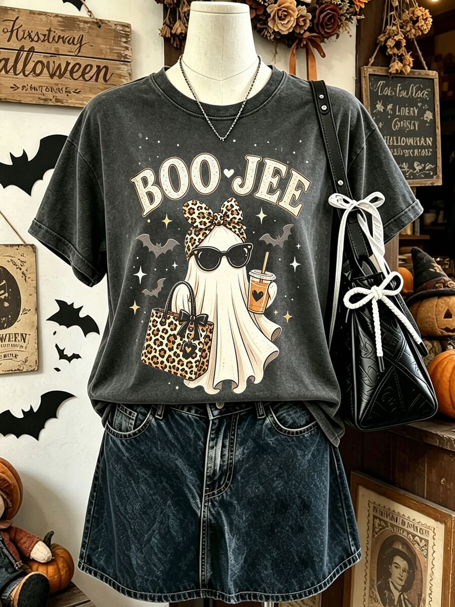 Lalippa 幽靈萬聖節 T-shirt,Boo Jee 復古復古風幽默搞怪幽靈襯衫,秋季幽靈萬聖節派對禮物 - 深灰色 - 查看 1