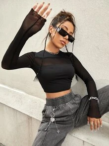 SHEIN ICON Women T-Shirts Kontras Mesh Plain Casual - Hitam - View 6