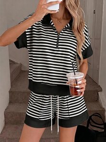 SHEIN LUNE 女士休閒夏季度假通勤海灘度假日常基本款時尚套裝條紋短袖上衣短褲兩件套黑白條紋 - 黑與白 - 查看 5