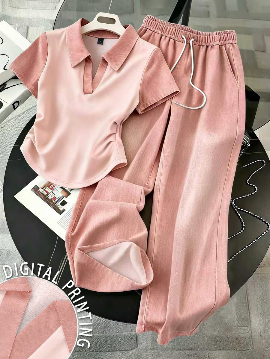 Resyla Women's Colorblock Pleated Short Sleeve Top And Drawstring Waist Long Pants Casual Daily 2-Piece Set - Multicolor - View 1