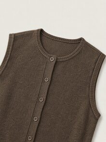 SHEIN BASICS Women's Solid Color Single-Breasted Casual Minimalist Modest Ribbed Tank Top Everyday Day Time All Shades Of Brown Summer Everyday Day Time Office - Coffee Brown - View 4