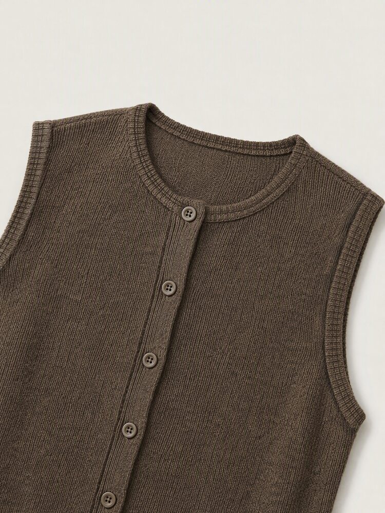 SHEIN BASICS Women's Solid Color Single-Breasted Casual Minimalist Modest Ribbed Tank Top Everyday Day Time All Shades Of Brown Summer Everyday Day Time Office - Coffee Brown - View 4