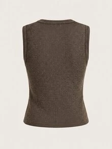 SHEIN BASICS Women's Solid Color Single-Breasted Casual Minimalist Modest Ribbed Tank Top Everyday Day Time All Shades Of Brown Summer Everyday Day Time Office - Coffee Brown - View 2