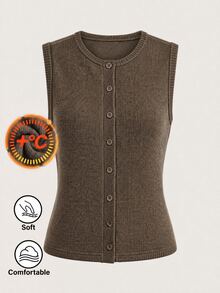 SHEIN BASICS Women's Solid Color Single-Breasted Casual Minimalist Modest Ribbed Tank Top Everyday Day Time All Shades Of Brown Summer Everyday Day Time Office - Coffee Brown - View 3