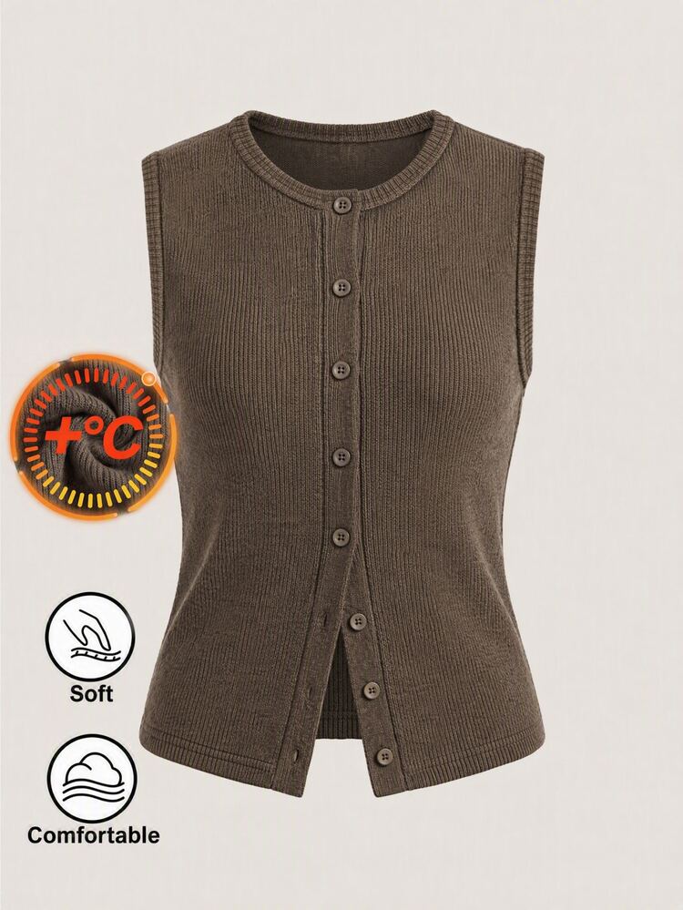 SHEIN BASICS Women's Solid Color Single-Breasted Casual Minimalist Modest Ribbed Tank Top Everyday Day Time All Shades Of Brown Summer Everyday Day Time Office - Coffee Brown - View 1