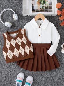 SHEIN Elladie kids 3 件套年轻女孩简约长袖衬衫、菱形格子背心和百褶裙校园风格服装 - 棕色 - 查看 4