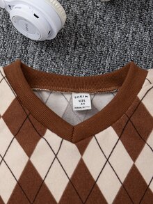 SHEIN Elladie kids 3 件套年轻女孩简约长袖衬衫、菱形格子背心和百褶裙校园风格服装 - 棕色 - 查看 7