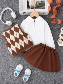 SHEIN Elladie kids 3 件套年轻女孩简约长袖衬衫、菱形格子背心和百褶裙校园风格服装 - 棕色 - 查看 2
