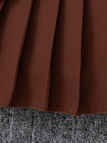 SHEIN Elladie kids 3 件套年轻女孩简约长袖衬衫、菱形格子背心和百褶裙校园风格服装 - 棕色 - 查看 9