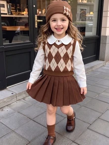 SHEIN Elladie kids 3 件套年轻女孩简约长袖衬衫、菱形格子背心和百褶裙校园风格服装 - 棕色 - 查看 1