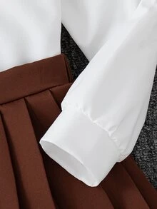 SHEIN Elladie kids 3 件套年轻女孩简约长袖衬衫、菱形格子背心和百褶裙校园风格服装 - 棕色 - 查看 6