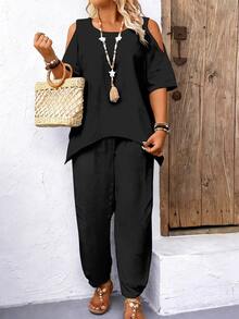 EMERY ROSE 2pcs Plus Size Off-Shoulder Short Sleeve Top And Casual Loose Comfortable Pants Set, Plus Size Printed Set - Multicolor - View 3
