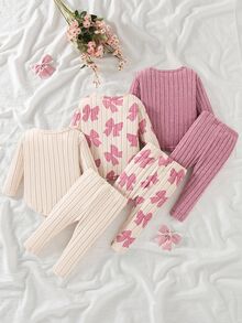 SHEIN Vintaside Kids 3 Sets Baby Girls Sweet Outfit Sets, Ribbed Texture, Bow Print Crewneck Long‑Sleeve Tops & Matching Pants, Multi‑Colors, For Daily & Festival Photo - Pink - View 2