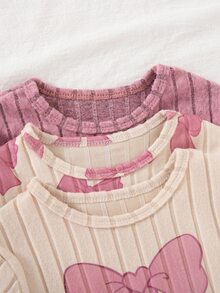 SHEIN Vintaside Kids 3 Sets Baby Girls Sweet Outfit Sets, Ribbed Texture, Bow Print Crewneck Long‑Sleeve Tops & Matching Pants, Multi‑Colors, For Daily & Festival Photo - Pink - View 7