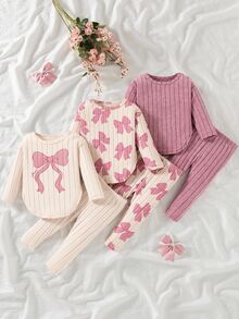 SHEIN Vintaside Kids 3 Sets Baby Girls Sweet Outfit Sets, Ribbed Texture, Bow Print Crewneck Long‑Sleeve Tops & Matching Pants, Multi‑Colors, For Daily & Festival Photo - Pink - View 3