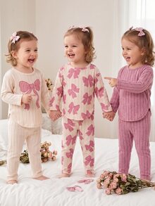 SHEIN Vintaside Kids 3 Sets Baby Girls Sweet Outfit Sets, Ribbed Texture, Bow Print Crewneck Long‑Sleeve Tops & Matching Pants, Multi‑Colors, For Daily & Festival Photo - Pink - View 1