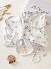 SHEIN 白色秋季可愛節日新生兒嬰兒服裝禮品套裝 5件組 嬰兒連身衣套裝 花卉印花森林動物 嬰兒服飾 包巾 & 浴袍 - 杏色 - 查看 5