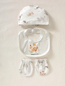 SHEIN 白色秋季可愛節日新生兒嬰兒服裝禮品套裝 5件組 嬰兒連身衣套裝 花卉印花森林動物 嬰兒服飾 包巾 & 浴袍 - 杏色 - 查看 6