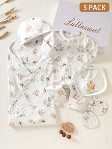 SHEIN 白色秋季可愛節日新生兒嬰兒服裝禮品套裝 5件組 嬰兒連身衣套裝 花卉印花森林動物 嬰兒服飾 包巾 & 浴袍 - 杏色 - 查看 2