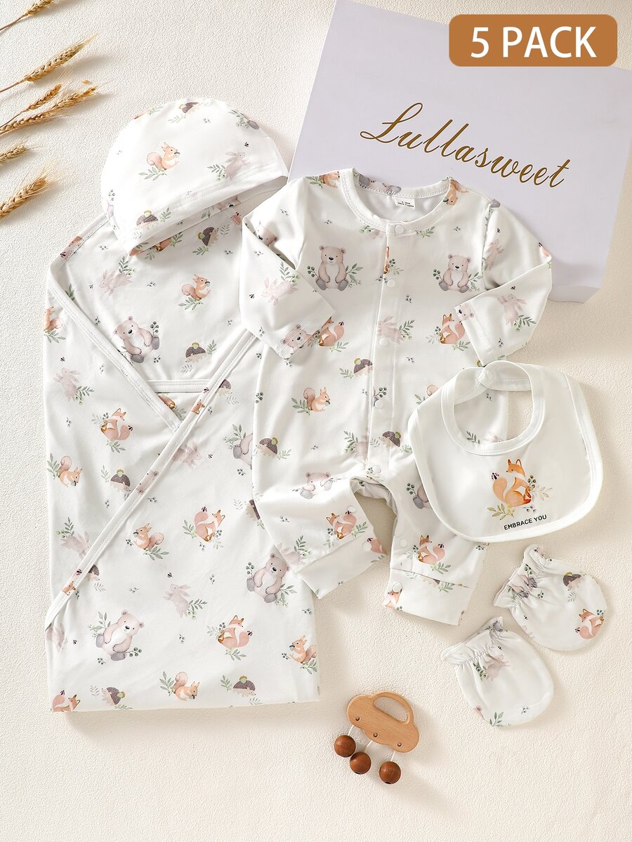 SHEIN 白色秋季可愛節日新生兒嬰兒服裝禮品套裝 5件組 嬰兒連身衣套裝 花卉印花森林動物 嬰兒服飾 包巾 & 浴袍