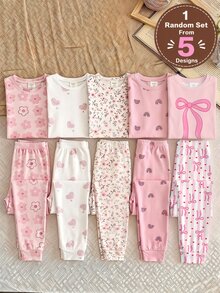 SHEIN LMoss Kids 復古可愛迷你蝴蝶結甜心圖案，年輕女孩休閒極簡修身舒適圓領短袖長褲家居服 - 彩色 - 查看 7