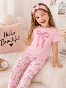 SHEIN LMoss Kids 復古可愛迷你蝴蝶結甜心圖案，年輕女孩休閒極簡修身舒適圓領短袖長褲家居服 - 彩色 - 查看 2