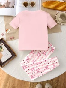 SHEIN LMoss Kids 復古可愛迷你蝴蝶結甜心圖案，年輕女孩休閒極簡修身舒適圓領短袖長褲家居服 - 彩色 - 查看 5