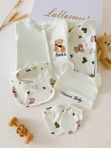 SHEIN Newborn Baby Clothes Gift Set, Spring/Summer New Style Layette Outfit, Infant Romper Suit, Shower Gift White Cute Unisex - Beige - View 5