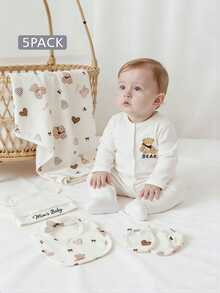 SHEIN Newborn Baby Clothes Gift Set, Spring/Summer New Style Layette Outfit, Infant Romper Suit, Shower Gift White Cute Unisex - Beige - View 4