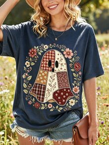 Selamara Plus Size Crew Neck Short Sleeve T-Shirt For Women - Retro Halloween Ghost Playful Patchwork Witch Pattern - Multicolor - View 1