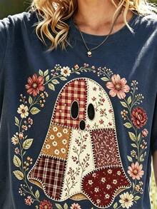 Selamara Plus Size Crew Neck Short Sleeve T-Shirt For Women - Retro Halloween Ghost Playful Patchwork Witch Pattern - Multicolor - View 3