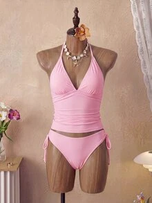 SHEIN Swim 女款兩件式純色性感可愛細肩帶綁帶比基尼套裝，三角泳褲，海灘度假休閒優雅情人節派對比基尼套裝 - 粉色 - 查看 5