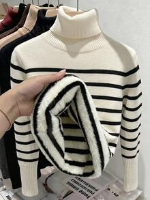 Franclia New Arrival Women's Stylish Striped Fleece-Lined Turtleneck Pullover Sweater For Autumn Winter Daytime Night Black And White French Casual - Multicolor - View 7