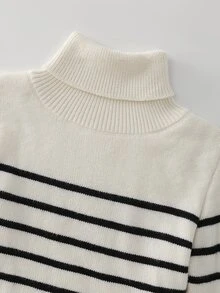 Franclia New Arrival Women's Stylish Striped Fleece-Lined Turtleneck Pullover Sweater For Autumn Winter Daytime Night Black And White French Casual - Multicolor - View 8