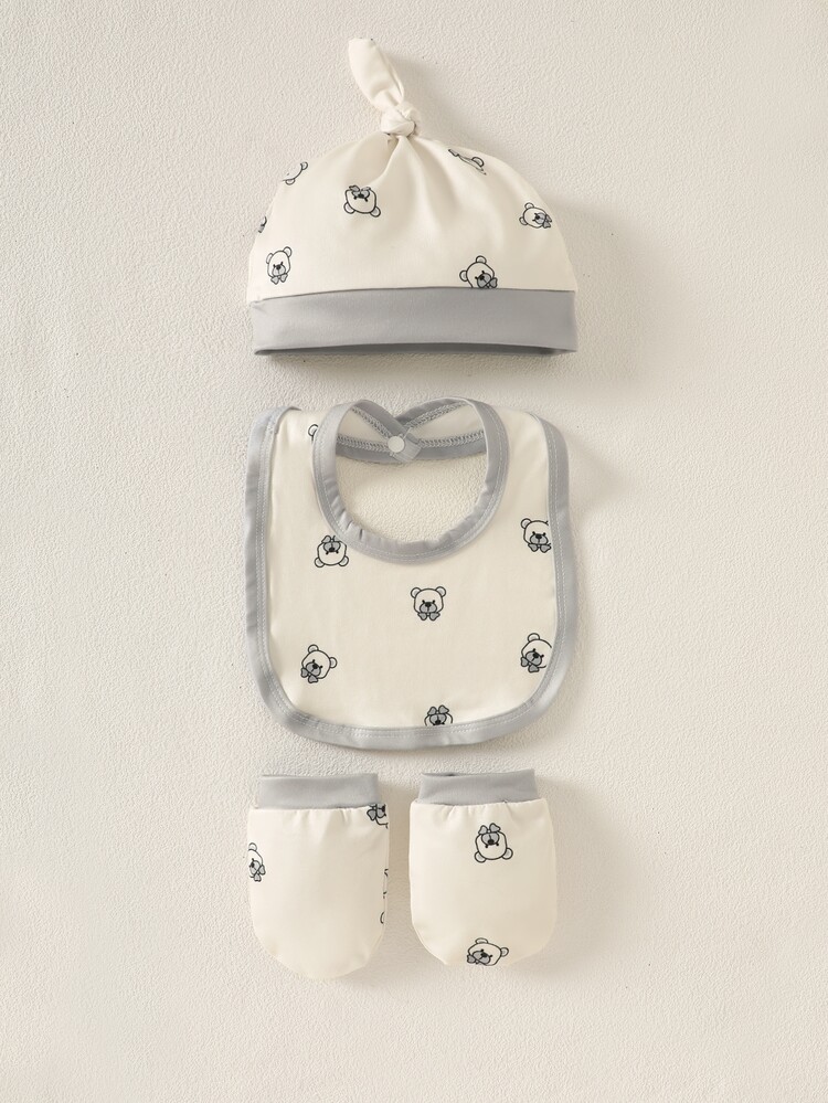 SHEIN 5pcs/Set Cartoon Bear Print Newborn Clothes Set,Off-White Summer Cute Baby Bibs,Hats,Gloves&Swaddle Blanket,Family Matching Newborn Outfits For 0-1Y - Beige - View 10