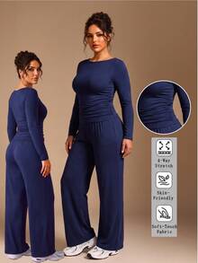 EMERY ROSE Plus Size Co-Ords Lounge Dates Office Navy Blue Soft Form Business Casual Elegante Old Money Basic Back To School Going Out  Fall/Winter - Navy Blue - View 8