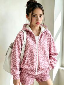 青少年女孩 1 件秋季粉色豹紋拉鍊連帽衛衣，長袖衛衣，秋季冬季服飾 - 彩色 - 查看 3