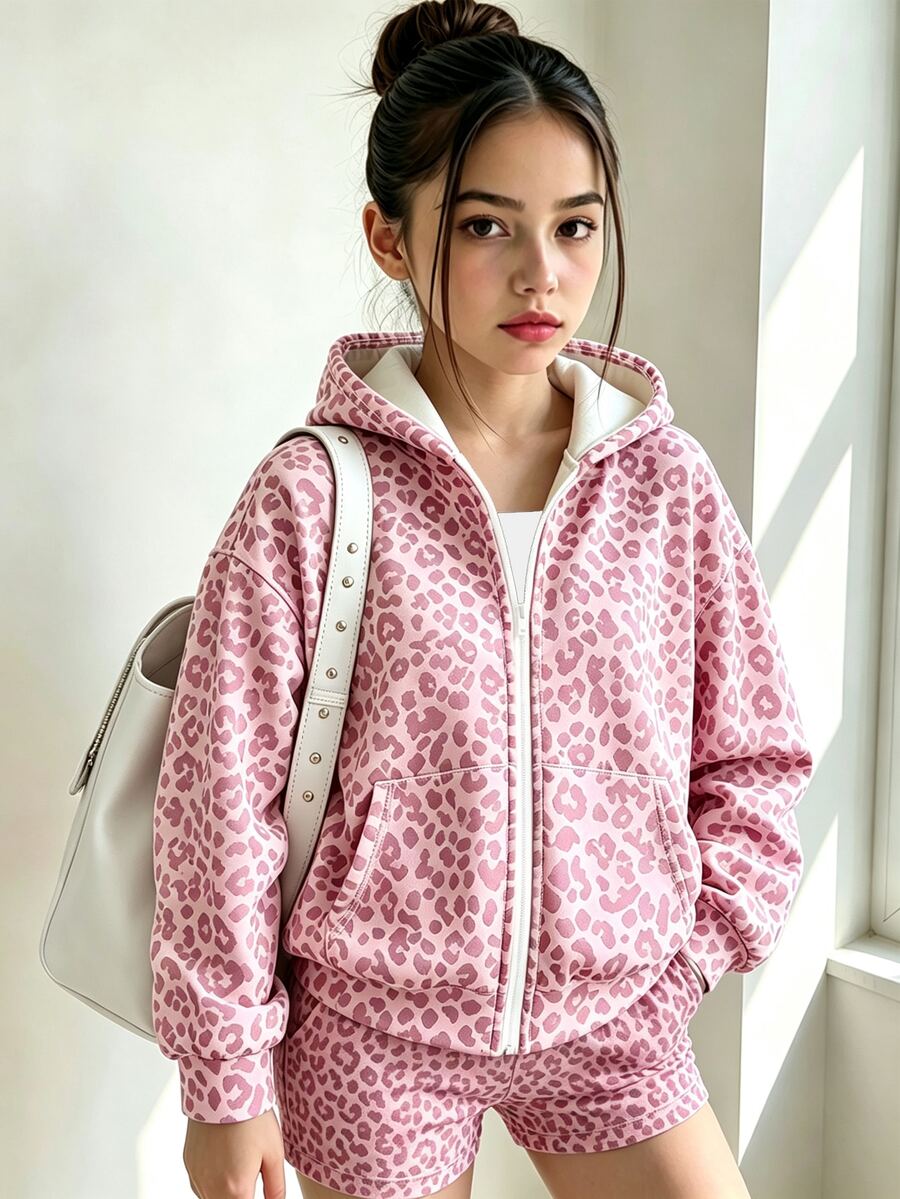Baju Sweatshirt Resleting Motif Leopard Pink untuk Remaja Perempuan, 1 Potong, Pakaian Musim Gugur/Musim Dingin - MultiWarna - View 1