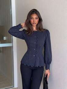 Siren Gaze Kemeja Wanita Bergaris Biru Tua, Hem dan Plaket Depan Berkerut, Kardigan Lengan Panjang, Atasan Kasual untuk Beraktivitas di Luar Rumah - Navy Blue - View 4