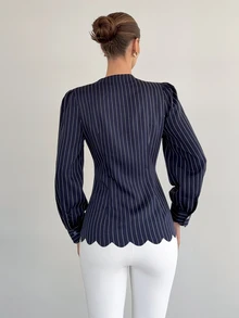 Siren Gaze Kemeja Wanita Bergaris Biru Tua, Hem dan Plaket Depan Berkerut, Kardigan Lengan Panjang, Atasan Kasual untuk Beraktivitas di Luar Rumah - Navy Blue - View 3