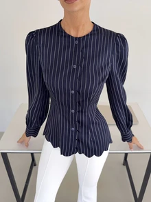 Siren Gaze Kemeja Wanita Bergaris Biru Tua, Hem dan Plaket Depan Berkerut, Kardigan Lengan Panjang, Atasan Kasual untuk Beraktivitas di Luar Rumah - Navy Blue - View 5